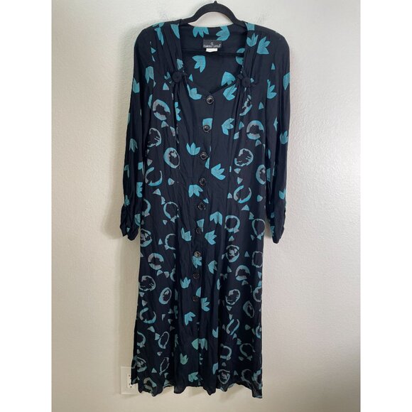 Vintage Carole Little Womens 10 Black Teal Long Sleeve Button Up Midi Dress - Picture 8 of 11